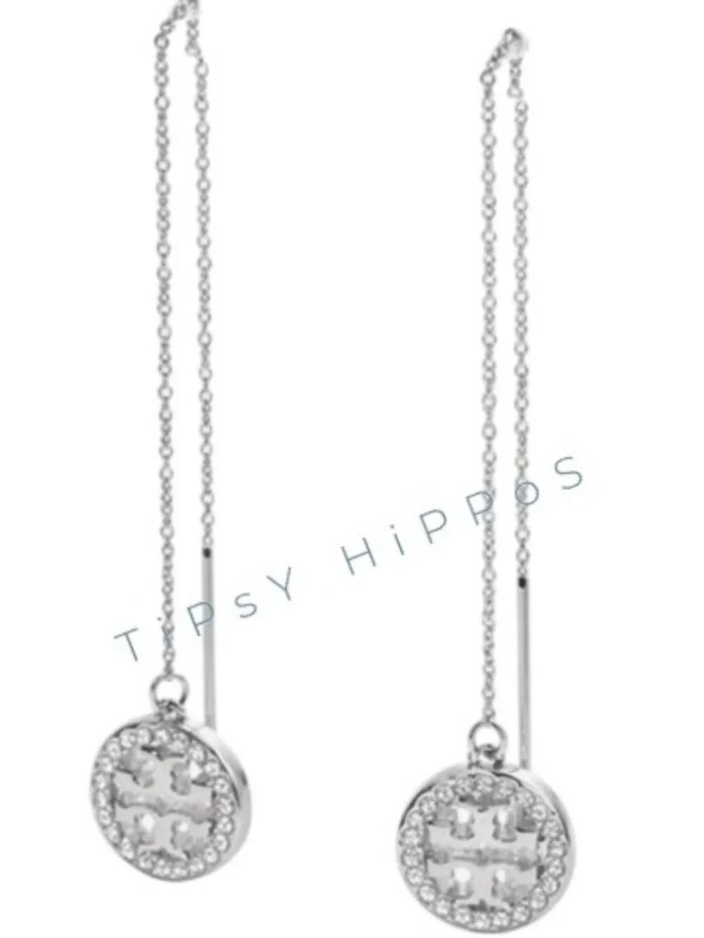 Stunning Auth Tory Burch Silver Miller Icon Pavé Threader Earrings